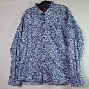 Au Noir Luxury Button-Up Shirt | Blue Floral Print | Size 4xl (8)Made in Turkey